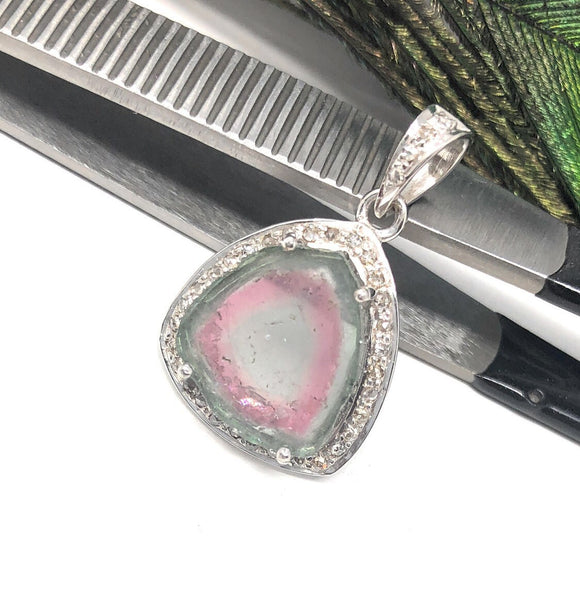 Watermelon Tourmaline Diamond Pendant, Gemstone Pendant, Sterling Silver Watermelon Tourmaline Slice Pendant, October Birthstone Jewelry