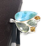 Natural Larimar with Prasiolite and Citrine Gemstone Pendant, Sterling Silver - Bohemian Jewelry, Larimar Pendant, Green Amethyst Pendant