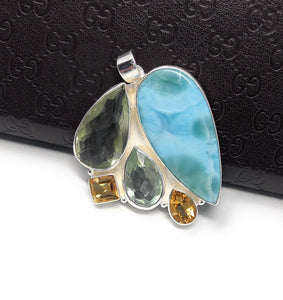 Natural Larimar with Prasiolite and Citrine Gemstone Pendant, Sterling Silver - Bohemian Jewelry, Larimar Pendant, Green Amethyst Pendant