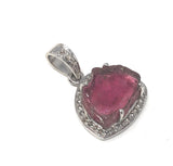 Pink Tourmaline Pendant, Gemstone Pendant, Pave Diamond Pendant, Sterling Silver Tourmaline Slice Pendant, October Birthstone Jewelry
