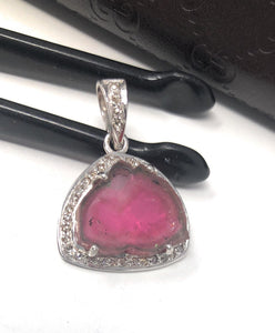 Pink Tourmaline Diamond Pendant, Gemstone Pendant, Sterling Silver Tourmaline Slice Pendant, October Birthstone Jewelry, Raw Tourmaline