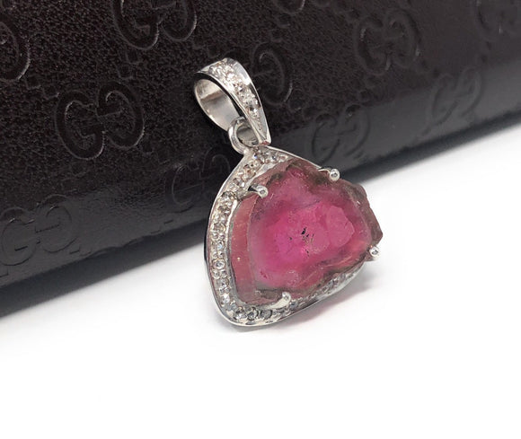 Pink Tourmaline Pendant, Gemstone Pendant, Sterling Silver Tourmaline Slice Pave Diamond Pendant, October Birthstone Jewelry