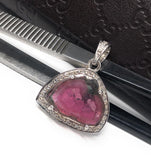 Pink Tourmaline Pendant, Gemstone Pendant, Pave Diamond Pendant, Sterling Silver Pink Tourmaline Slice Pendant, October Birthstone Jewelry