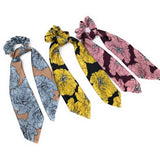 Printed Floral Satin Scrunchies for Women, Ponytail Holder Hair Tie for Girls, Long Tail Scarf Scrunchies for Women, Scarf Scrunchies
