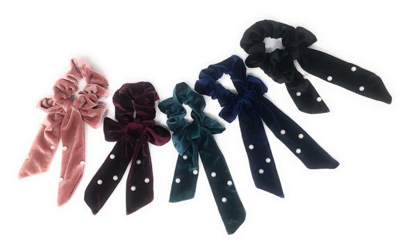 Velvet Bow Hair Scrunchies for Women, Faux Pearl Ponytail Holder Hair Tie for Girls, Solid Color Elastic Headband, Gifts for Girls