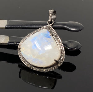 Moonstone Pendant, Gemstone Pendant, Diamond Pendant, Pave Diamond Pendant - Oxidized Sterling Silver Rainbow Moonstone Pendant