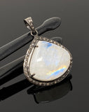 Moonstone Pendant, Gemstone Pendant, Diamond Pendant, Pave Diamond Pendant - Oxidized Sterling Silver Rainbow Moonstone Pendant