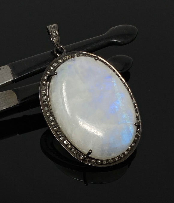Moonstone Gemstone Pendant, Diamond Pendant, Gemstone Pendant, Pave Diamond Pendant, White Moonstone Pendant, Sterling Silver Jewelry