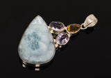 Natural Larimar with Amethyst and Citrine Gemstone Pendant, Sterling Silver Jewelry, Larimar Pendant, Amethyst Pendant, Bohemian Jewelry