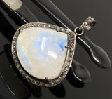 Moonstone Pendant, Gemstone Pendant, Diamond Pendant, Pave Diamond Pendant - Oxidized Sterling Silver Rainbow Moonstone Pendant