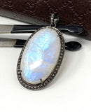 Rainbow Moonstone Gemstone Pendant, Diamond Pendant, Gemstone Pendant, Pave Diamond Pendant, Moonstone Pendant, Sterling Silver Jewelry
