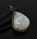 Moonstone Pendant, Gemstone Pendant, Diamond Pendant, Pave Diamond Pendant - Oxidized Sterling Silver Rainbow Moonstone Pendant