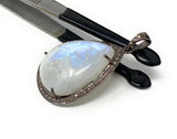 Moonstone Pendant, Gemstone Pendant, Diamond Pendant, Pave Diamond Pendant - Oxidized Sterling Silver Rainbow Moonstone Pendant