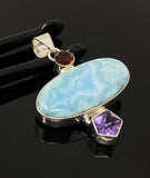 Natural Larimar, Garnet and Amethyst Gemstone Pendant, Sterling Silver Jewelry, Larimar Pendant, Amethyst Pendant, Bohemian Jewelry