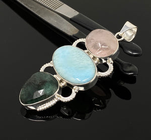 Larimar Gemstone Pendant with Emerald and Morganite , Wire Wrapped Pendant, Silver Jewelry Gifts for Her, Bohemian Jewelry