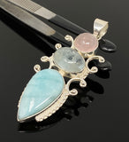 Larimar Gemstone Pendant with Aquamarine and Morganite , Wire Wrapped Pendant, Silver Jewelry Gifts for Her, Bohemian Jewelry