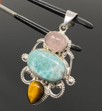 Gemstone Pendant - Larimar, Tigers Eye and Morganite Pendant, Wire Wrapped Pendant Silver Jewelry Gifts for Her, Bohemian Jewelry