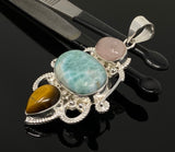 Gemstone Pendant - Larimar, Tigers Eye and Morganite Pendant, Wire Wrapped Pendant Silver Jewelry Gifts for Her, Bohemian Jewelry