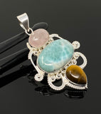 Gemstone Pendant - Larimar, Tigers Eye and Morganite Pendant, Wire Wrapped Pendant Silver Jewelry Gifts for Her, Bohemian Jewelry