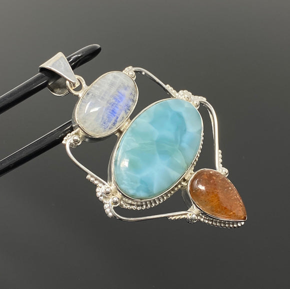 Gemstone Pendant - Larimar, Moonstone and Sunstone , Wire Wrapped Pendant, Silver Jewelry Gifts for Her, Bohemian Jewelry