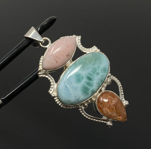 Gemstone Pendant - Larimar, Sunstone and Pink Opal, Wire Wrapped Pendant, Silver Jewelry Gifts for Her, Bohemian Jewelry