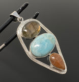 Gemstone Pendant - Larimar, Sunstone and Labradorite, Wire Wrapped Pendant, Silver Jewelry Gifts for Her, Bohemian Jewelry