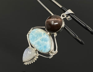 Gemstone Pendant - Larimar, Cats Eye and Moonstone, Wire Wrapped Pendant, Silver Jewelry Gifts for Her, Bohemian Jewelry