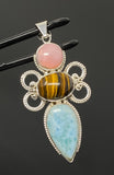 Gemstone Pendant - Larimar, Tigers Eye and Pink Opal Pendant, Wire Wrapped Pendant Silver Jewelry Gifts for Her, Bohemian Jewelry