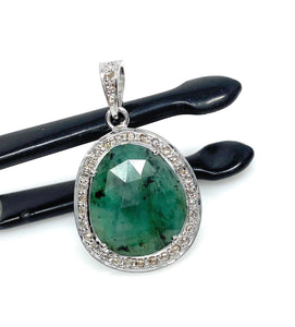 Emerald Diamond Pendant, Natural Emerald Sterling Silver Pendant, May Birthstone Pendant, Pave Diamond Pendant, 1.25” x 0.75”