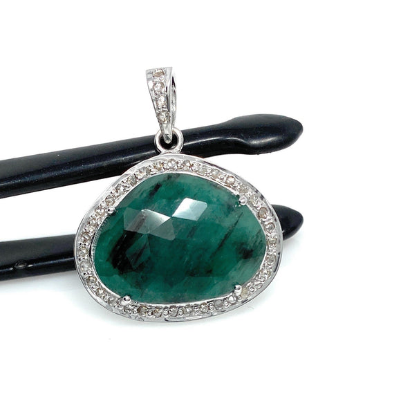 Emerald Diamond Pendant, Natural Emerald Sterling Silver Pendant, May Birthstone Pendant, Pave Diamond Pendant, 1.25” x 1”