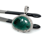 Emerald Diamond Pendant, Natural Emerald Sterling Silver Pendant, May Birthstone Pendant, Pave Diamond Pendant, 1.25” x 1”