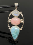Gemstone Pendant - Larimar, Rainbow Moonstone and Pink Opal, Wire Wrapped Pendant, Silver Jewelry Gifts for Her, Bohemian Jewelry