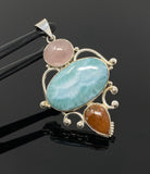 Gemstone Pendant - Larimar, Morganite and Sunstone , Wire Wrapped Pendant, Silver Jewelry Gifts for Her, Bohemian Jewelry