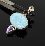 Natural Larimar, Garnet and Amethyst Gemstone Pendant, Sterling Silver Jewelry, Larimar Pendant, Amethyst Pendant, Bohemian Jewelry