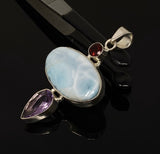 Natural Larimar, Garnet and Amethyst Gemstone Pendant, Sterling Silver Jewelry, Larimar Pendant, Amethyst Pendant, Bohemian Jewelry