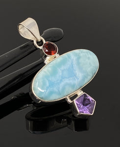 Natural Larimar, Garnet and Amethyst Gemstone Pendant, Sterling Silver Jewelry, Larimar Pendant, Amethyst Pendant, Bohemian Jewelry