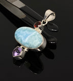 Natural Larimar, Garnet and Amethyst Gemstone Pendant, Sterling Silver Jewelry, Larimar Pendant, Amethyst Pendant, Bohemian Jewelry