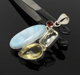 Gemstone Pendant - Larimar, Prasiolite, Garnet and Lemon Quartz, Bohemian Jewelry, Larimar Pendant, Sterling Silver Jewelry