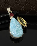 Gemstone Pendant - Larimar, Ruby and Lemon Quartz, Bohemian Jewelry, Larimar Pendant, Sterling Silver Jewelry