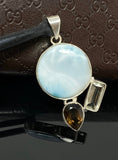 Gemstone Pendant - Larimar, Smokey Quartz and Green Amethyst , Bohemian Jewelry, Larimar Pendant, Sterling Silver Jewelry