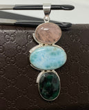 Larimar Gemstone Pendant with Emerald and Morganite , Wire Wrapped Pendant, Silver Jewelry Gifts for Her, Bohemian Jewelry