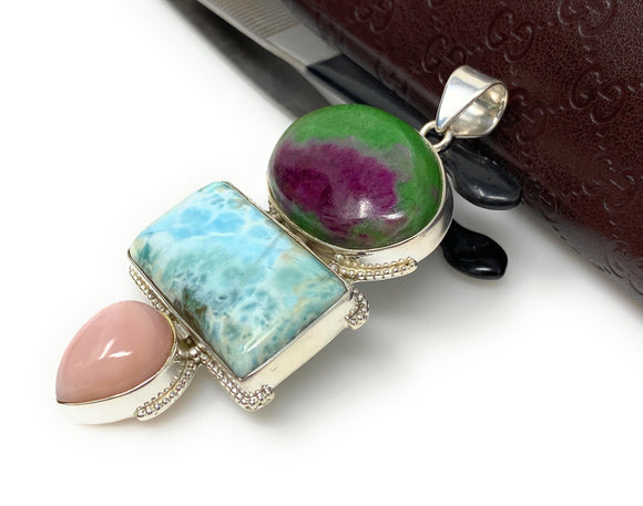 Larimar Gemstone Pendant with Ruby Zoisite and Pink Opal, Wire Wrapped Pendant, Silver Jewelry Gifts for Her, Bohemian Jewelry