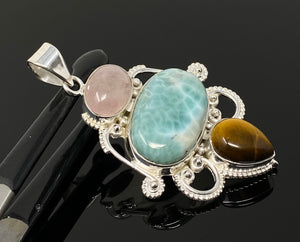 Gemstone Pendant - Larimar, Tigers Eye and Morganite Pendant, Wire Wrapped Pendant Silver Jewelry Gifts for Her, Bohemian Jewelry