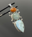 Larimar Gemstone Pendant with Aquamarine and Sunstone, Wire Wrapped Pendant, Silver Jewelry Gifts for Her, Bohemian Jewelry