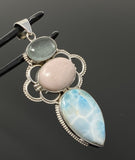 Gemstone Pendant - Larimar, Aquamarine and Pink Opal, Wire Wrapped Pendant, Silver Jewelry Gifts for Her, Bohemian Jewelry