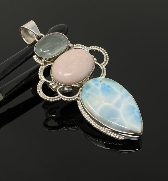 Gemstone Pendant - Larimar, Aquamarine and Pink Opal, Wire Wrapped Pendant, Silver Jewelry Gifts for Her, Bohemian Jewelry