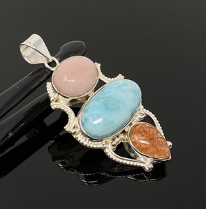 Gemstone Pendant - Larimar, Aquamarine and Pink Opal, Wire Wrapped Pendant, Silver Jewelry Gifts for Her, Bohemian Jewelry