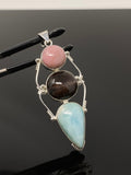 Gemstone Pendant - Larimar, Cats Eye and Pink Opal, Wire Wrapped Pendant, Silver Jewelry Gifts for Her, Bohemian Jewelry