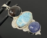 Gemstone Pendant - Larimar, Cats Eye and Tanzanite, Wire Wrapped Pendant, Silver Jewelry Gifts for Her, Bohemian Jewelry
