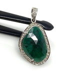 Emerald Diamond Pendant, Natural Emerald Sterling Silver Pendant, May Birthstone Pendant, Pave Diamond Pendant, 1.50” x 0.80”